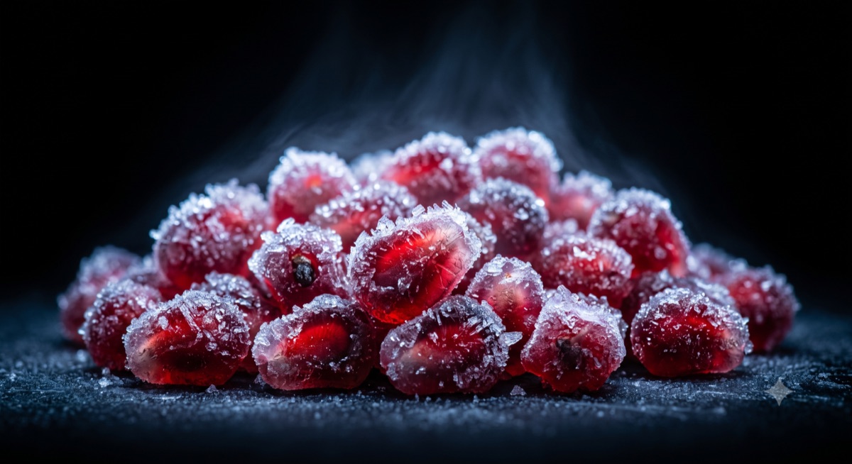 Donmuş nar taneleri, buz kristalleri ile −18°C